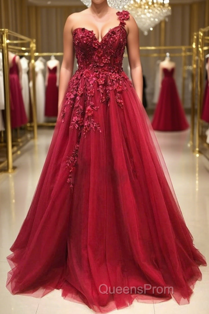 One Shoulder 3D Floral Burgundy Lace Long Evening Prom Dress, Burgundy Lace Appliques Formal Graduation Evening Dress Main image