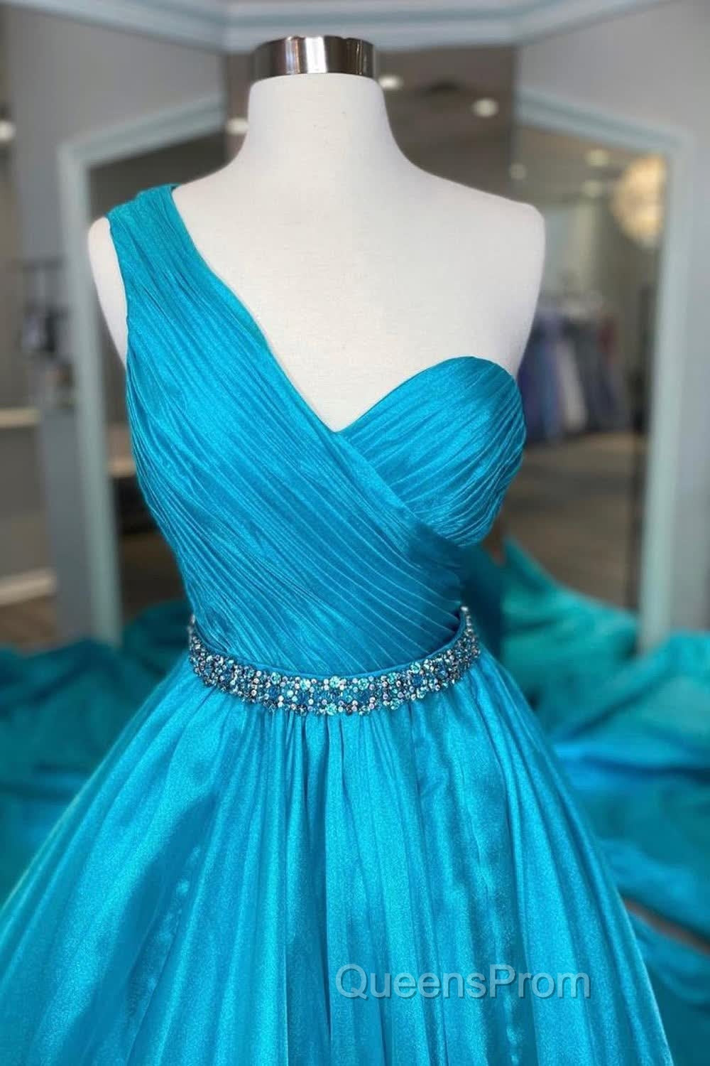 One Shoulder A Line Evening Prom Dress with Beading Waist