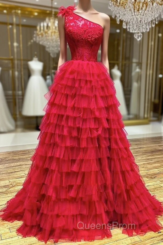 One Shoulder A-Line Tulle Burgundy Long Evening Prom Dress, Burgundy Graduation Dress Main image