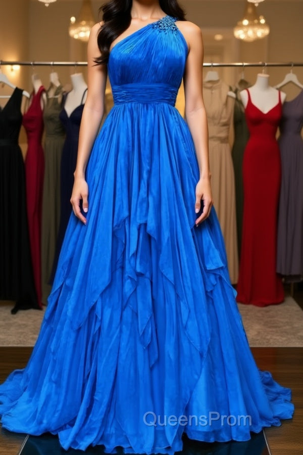 One Shoulder Backless Blue Chiffon Long Evening Prom Dress, Beaded Blue Long Formal Evening Dress Main image