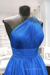 One Shoulder Backless Blue Chiffon Long Evening Prom Dress, Beaded Blue Long Formal Evening Dress