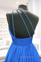 One Shoulder Backless Blue Chiffon Long Evening Prom Dress, Beaded Blue Long Formal Evening Dress