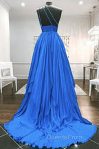 One Shoulder Backless Blue Chiffon Long Evening Prom Dress, Beaded Blue Long Formal Evening Dress