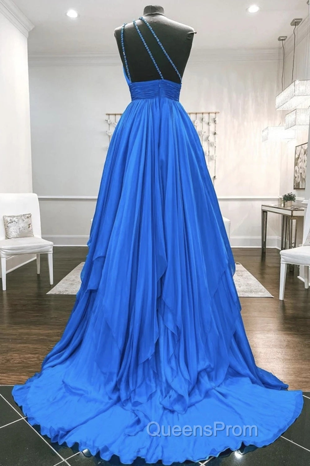 One Shoulder Backless Blue Chiffon Long Evening Prom Dress, Beaded Blue Long Formal Evening Dress