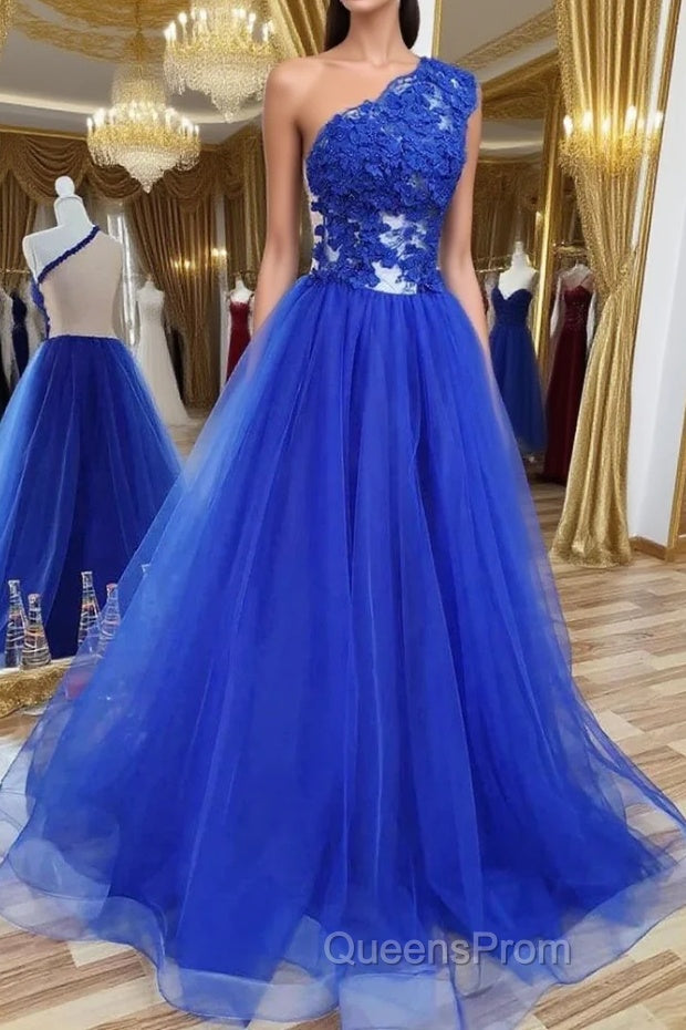 One Shoulder Backless Royal Blue Lace Long Evening Prom Dress, Royal Blue Lace Formal Dress, Backless Royal Blue Evening Dress Main image