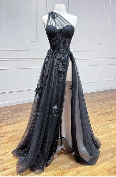 One Shoulder Black Lace Floral Long Classy Prom Dress With High Slit 21Th Birthday Outfits Secondary image