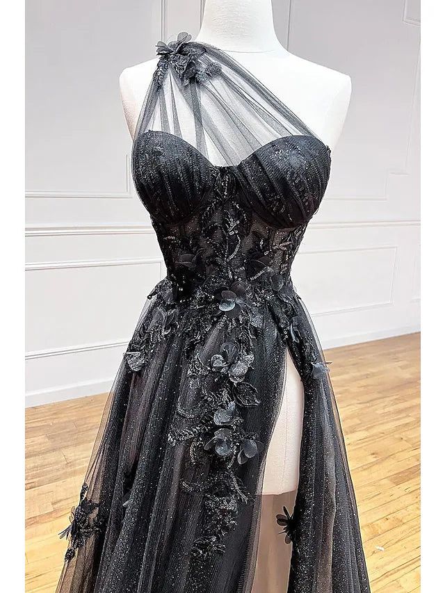 One Shoulder Black Lace Floral Long Classy Prom Dress With High Slit 21Th Birthday Outfits