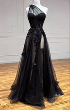 One Shoulder Black Lace Floral Long Classy Prom Dress With High Slit 21Th Birthday Outfits
