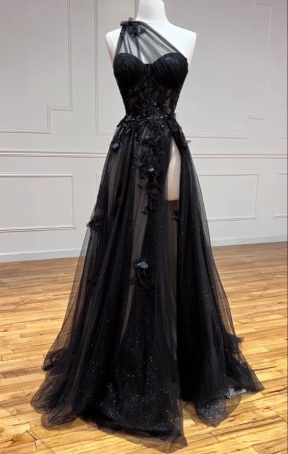 One Shoulder Black Lace Floral Long Classy Prom Dress With High Slit 21Th Birthday Outfits
