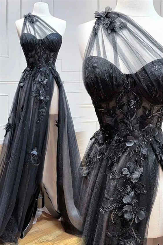 One Shoulder Black Lace Floral Long Classy Prom Dress With High Slit 21Th Birthday Outfits Main image