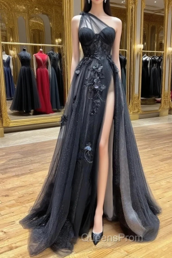 One Shoulder Black Lace Evening Prom Dress, One Shoulder Black Lace Formal Evening Dress Main image
