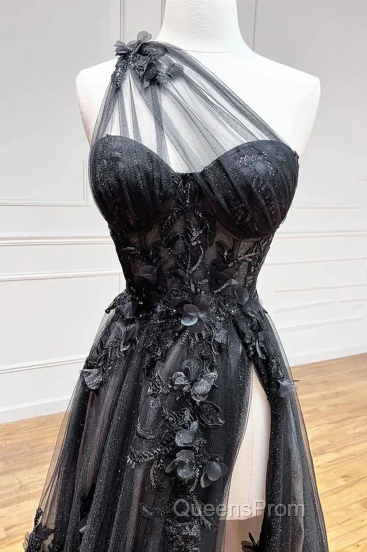 One Shoulder Black Lace Evening Prom Dress, One Shoulder Black Lace Formal Evening Dress Secondary image