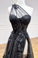 One Shoulder Black Lace Evening Prom Dress, One Shoulder Black Lace Formal Evening Dress