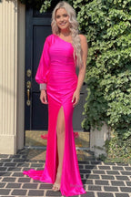 One Shoulder Black Mermaid Prom Dress with Slit