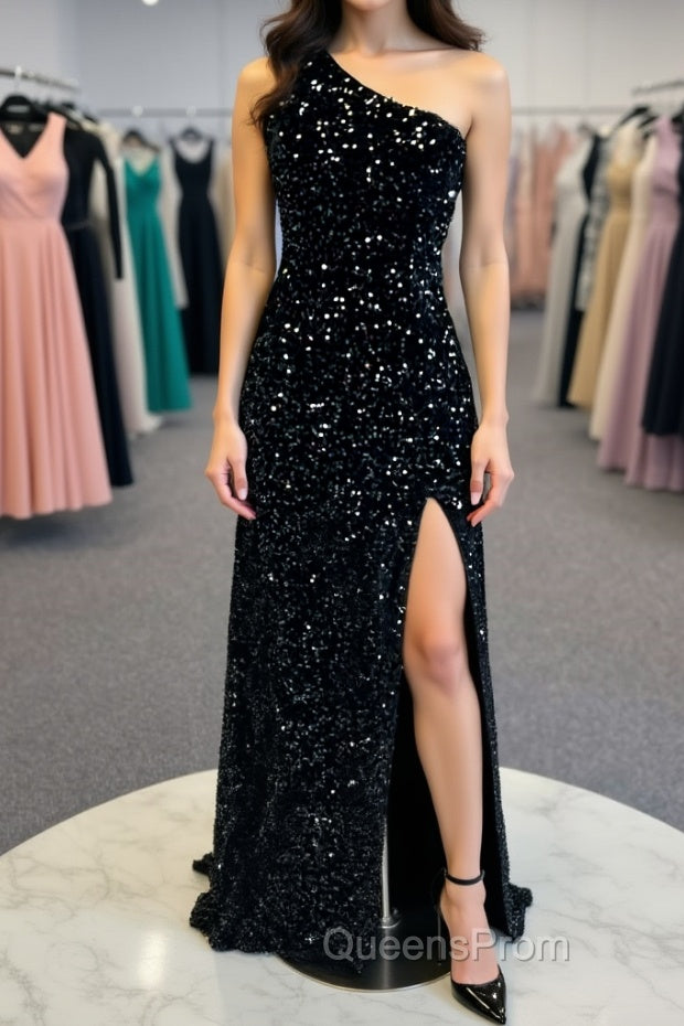 One Shoulder Black Sequins Mermaid Long Evening Prom Dress, Black Sequins Mermaid Long Evening Prom Dress Main image