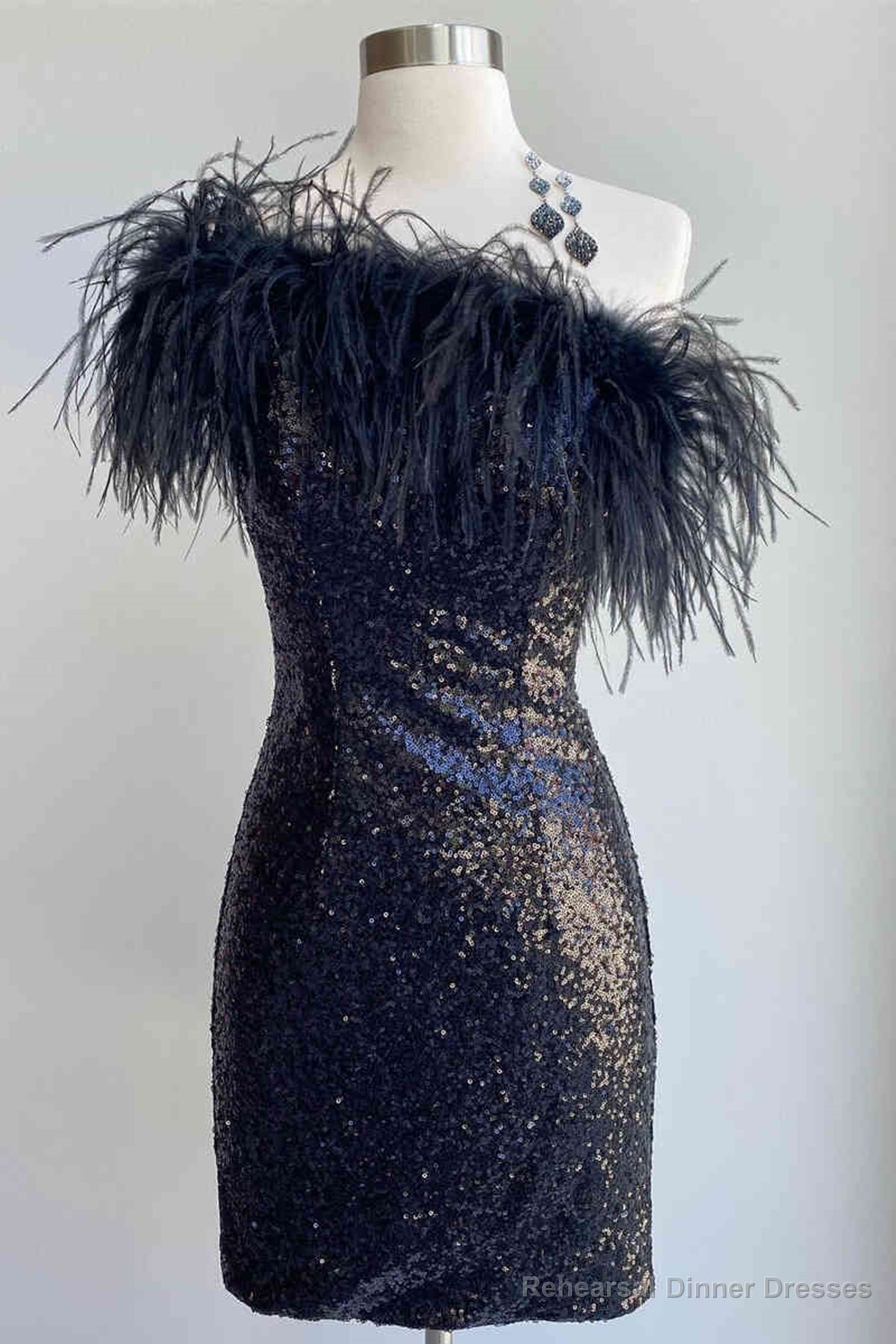 One Shoulder Black Sequins Short Prom Dresses, Short Black Sequined Formal Homecoming Dresses Main image