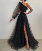 One Shoulder Black Tulle Classy Prom Dress A Line Split Classy Gown Event Dress