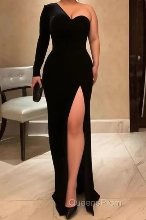 One Shoulder Black Velvet Long Evening Prom Dress, Black One Shoulder Velvet Formal Evening Dress Main image