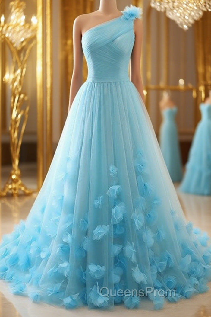 One Shoulder Blue 3D Flowers Long Evening Prom Dress, Blue Floral Formal Evening Dress Main image