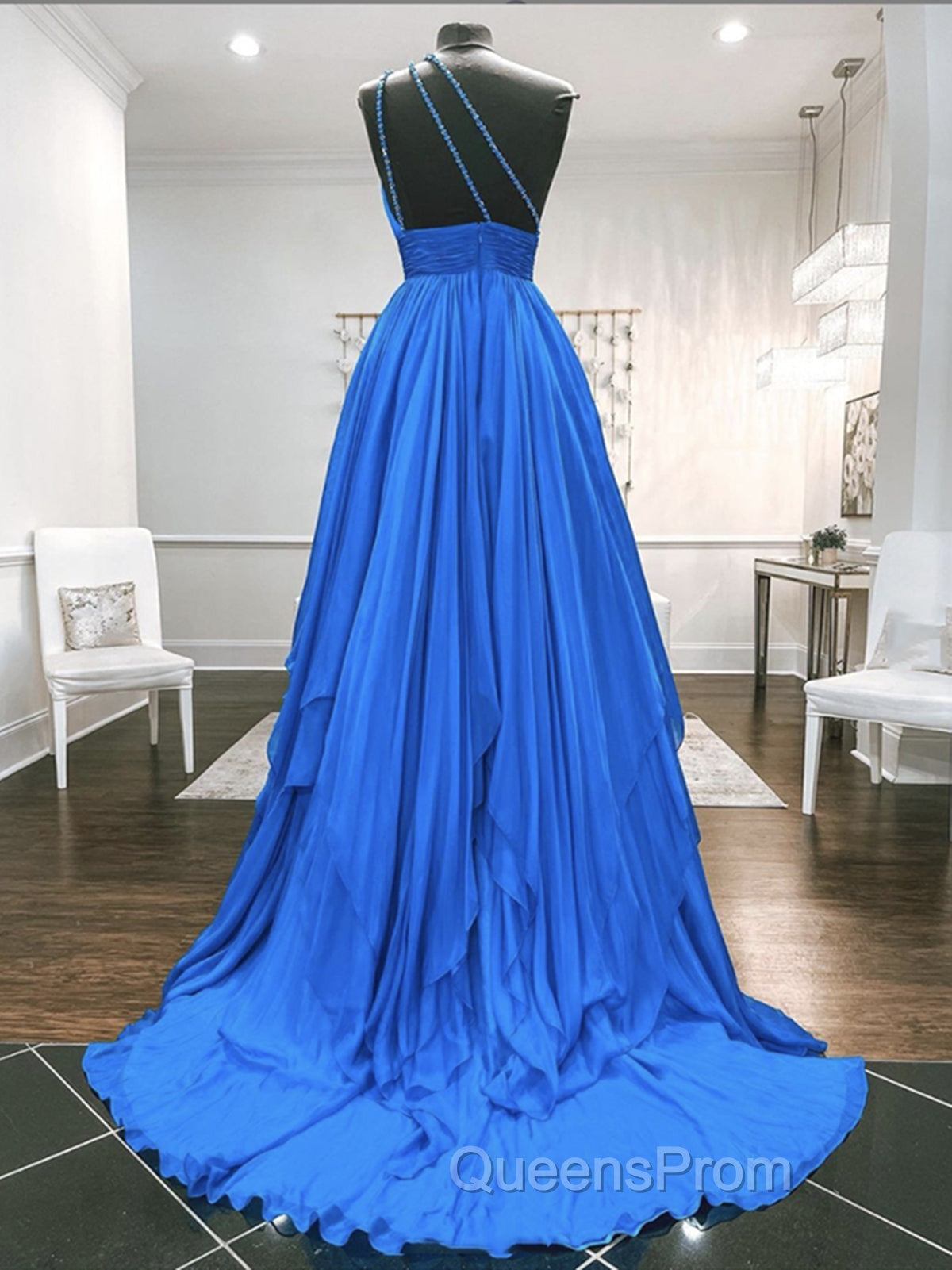 One Shoulder Blue Backless Long Evening Prom Dress, Open Back Blue Long Formal Evening Dress Secondary image