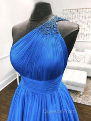 One Shoulder Blue Backless Long Evening Prom Dress, Open Back Blue Long Formal Evening Dress