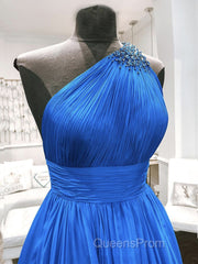 One Shoulder Blue Backless Long Evening Prom Dress, Open Back Blue Long Formal Evening Dress