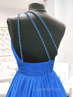 One Shoulder Blue Backless Long Evening Prom Dress, Open Back Blue Long Formal Evening Dress