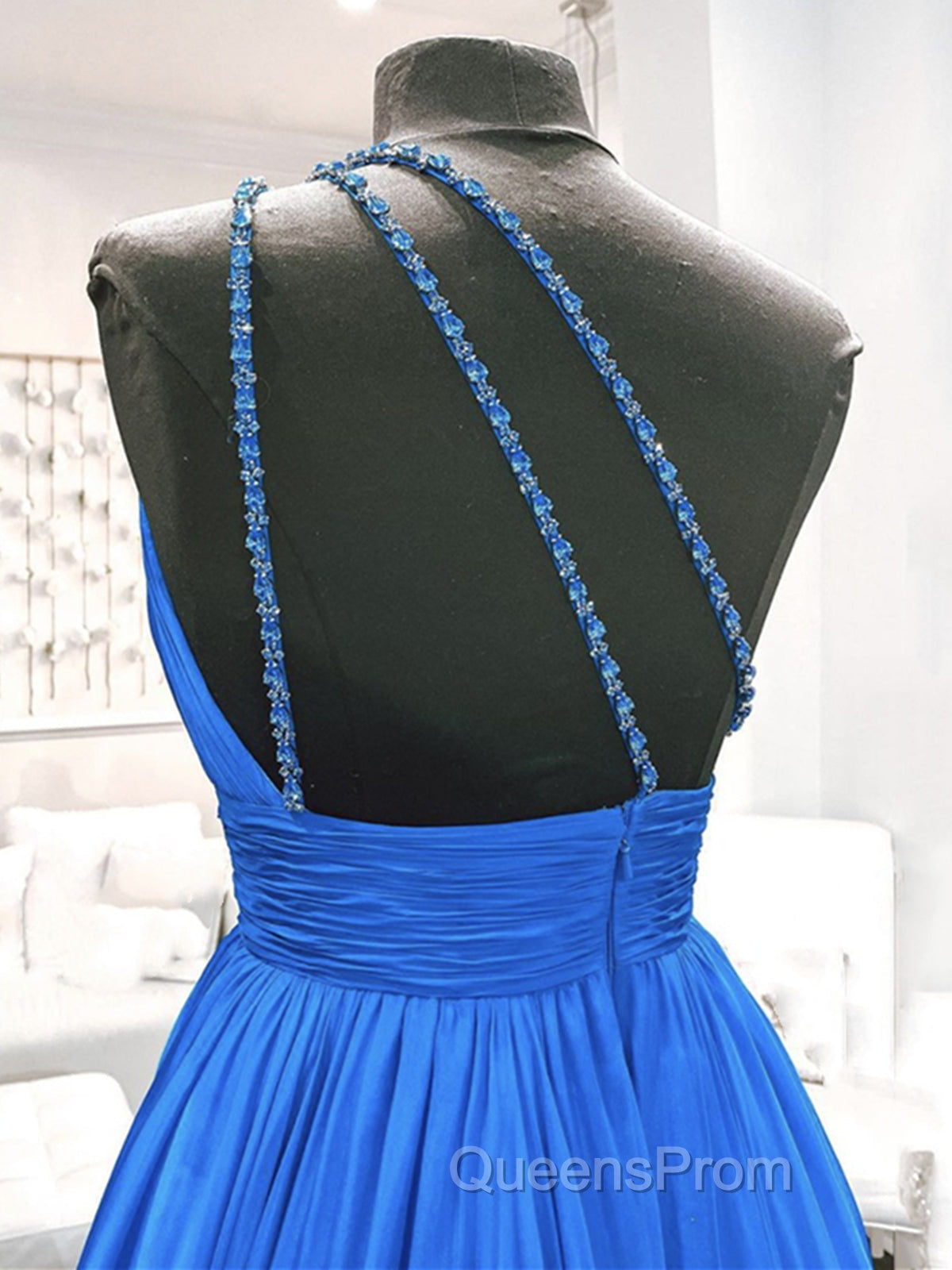 One Shoulder Blue Backless Long Evening Prom Dress, Open Back Blue Long Formal Evening Dress