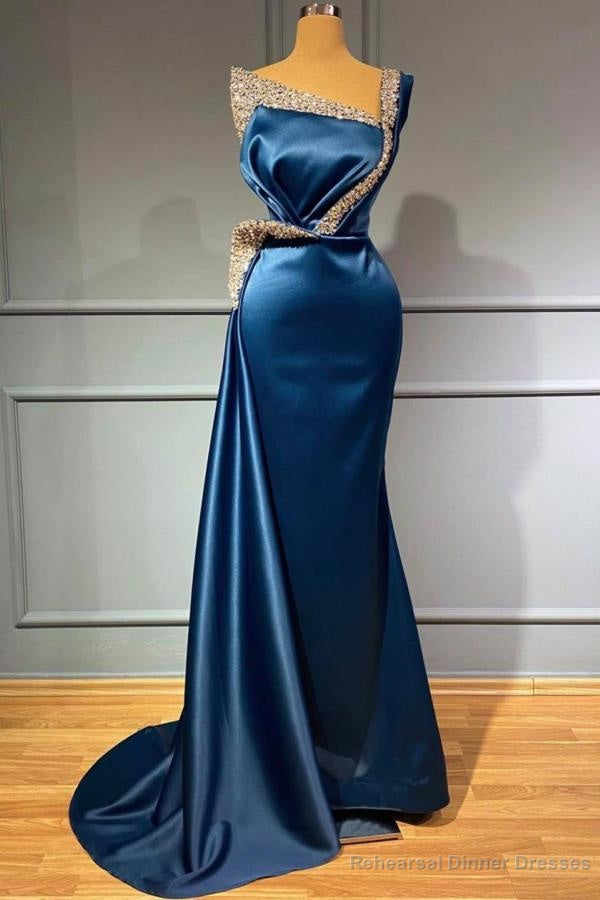 One Shoulder Blue Beading Sequns Long Mermaid Prom Dress Main image