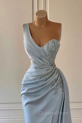 One shoulder blue Evening Prom Dress in mermaid pleats