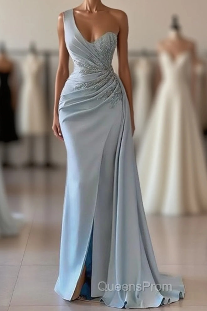 One shoulder blue Evening Prom Dress in mermaid pleats