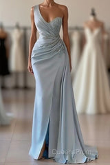 One shoulder blue Evening Prom Dress in mermaid pleats