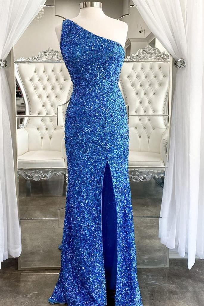 One Shoulder Blue Sequins Mermaid Long Classy Dress Secondary image