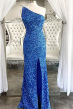 One Shoulder Blue Sequins Mermaid Long Classy Dress