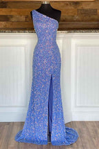 One Shoulder Blue Sequins Mermaid Long Classy Dress