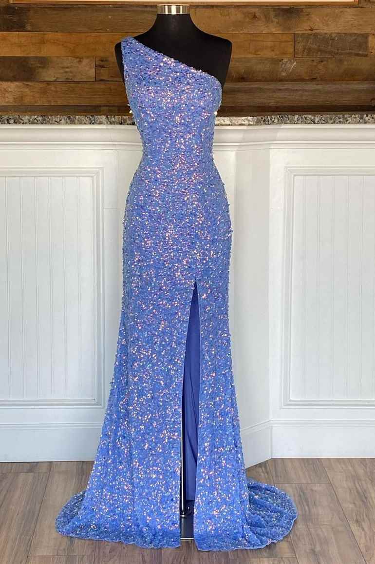 One Shoulder Blue Sequins Mermaid Long Classy Dress