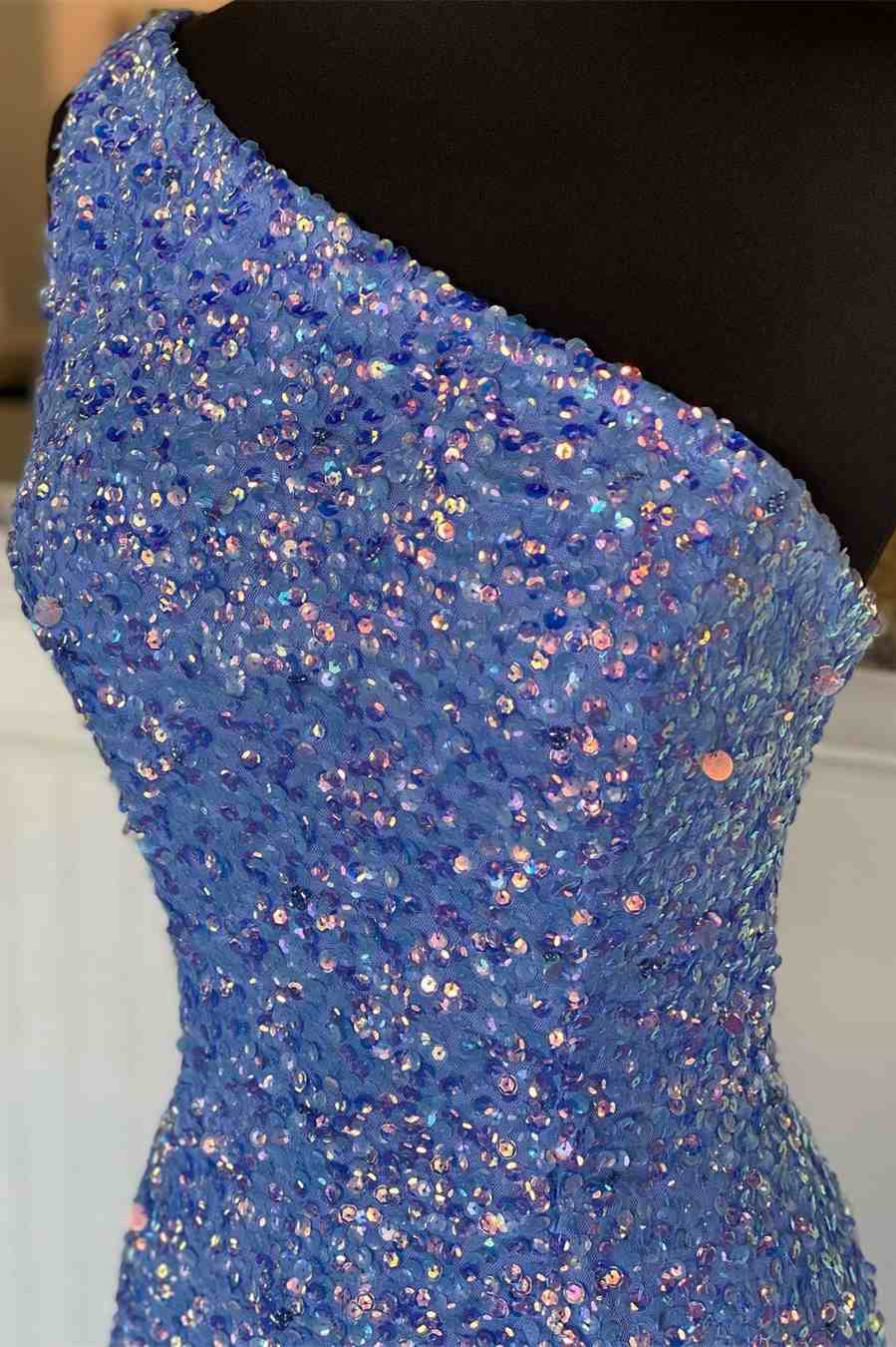One Shoulder Blue Sequins Mermaid Long Classy Dress