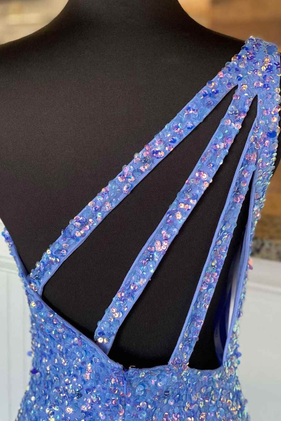 One Shoulder Blue Sequins Mermaid Long Classy Dress