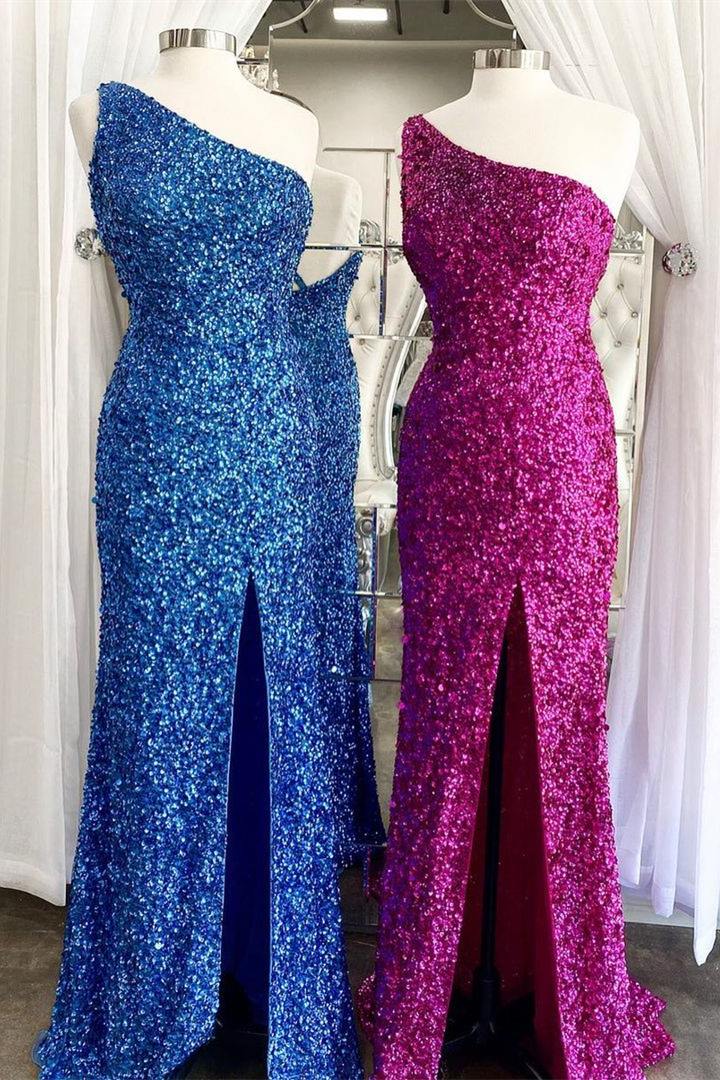 One Shoulder Blue Sequins Mermaid Long Classy Dress Main image