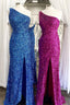 One Shoulder Blue Sequins Mermaid Long Classy Dress