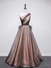 One Shoulder Brown Tulle Prom Dresses, Brown Tulle Formal Evening Dresses