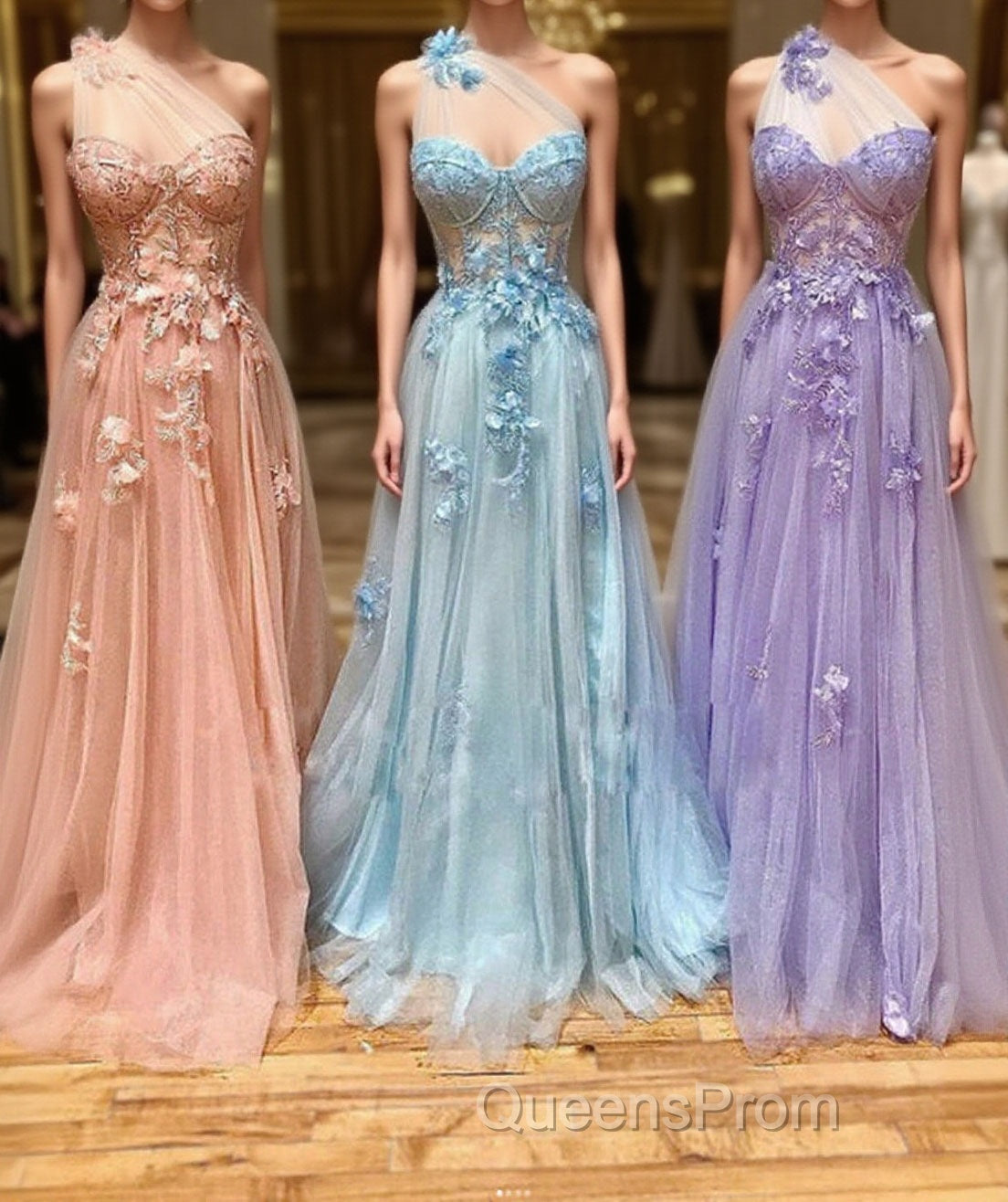 One Shoulder Floral Long Evening Prom Dress, Formal Graduation Evening Dress Main image