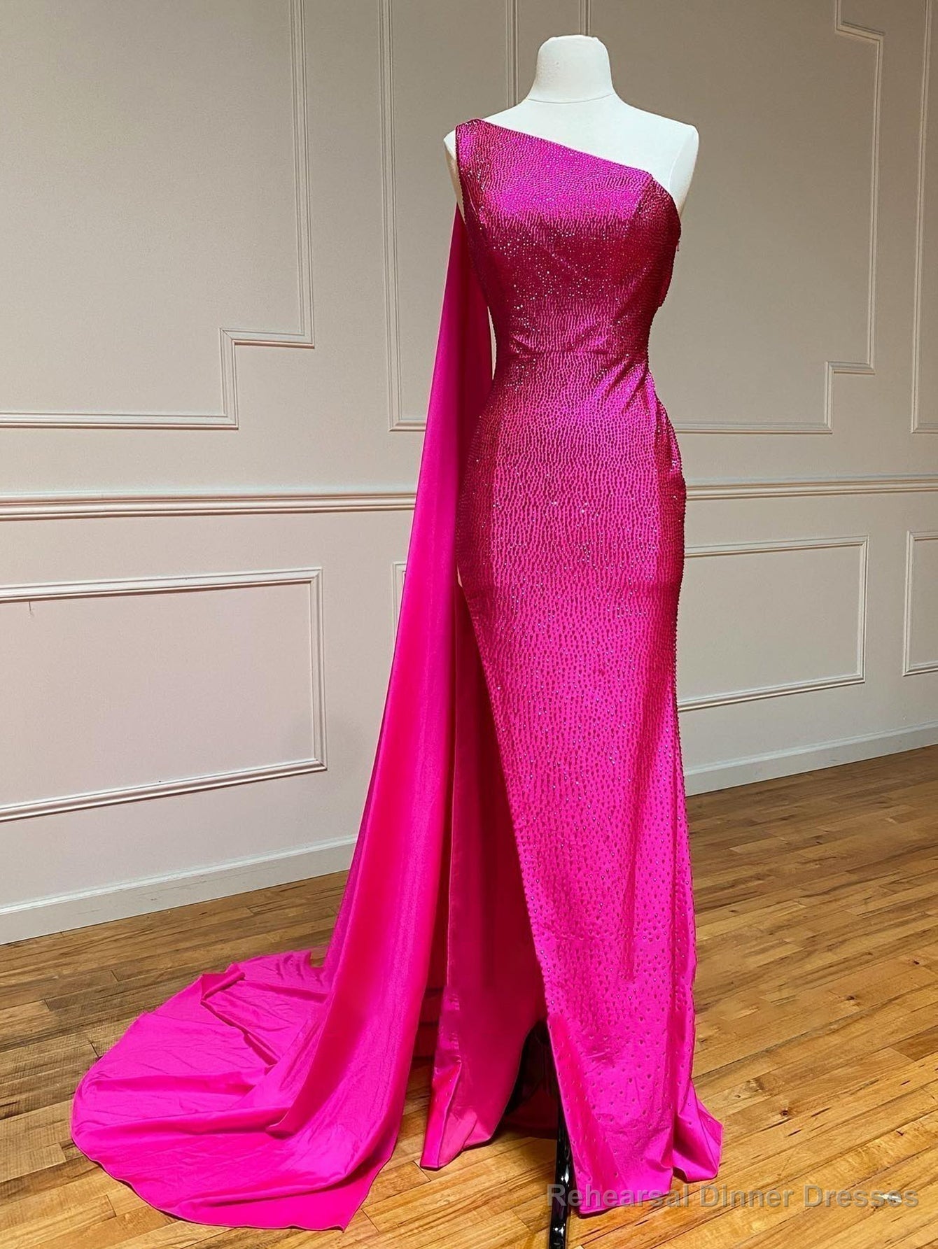 One Shoulder Glitter Mermaid Pink Long Prom Dress Main image