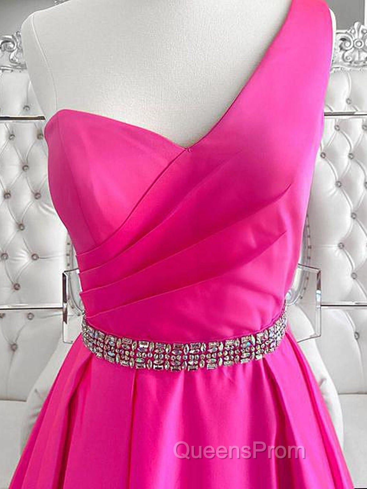 One Shoulder Hot Pink Evening Prom Dress, Hot Pink One Shoulder Formal Evening Dress Secondary image