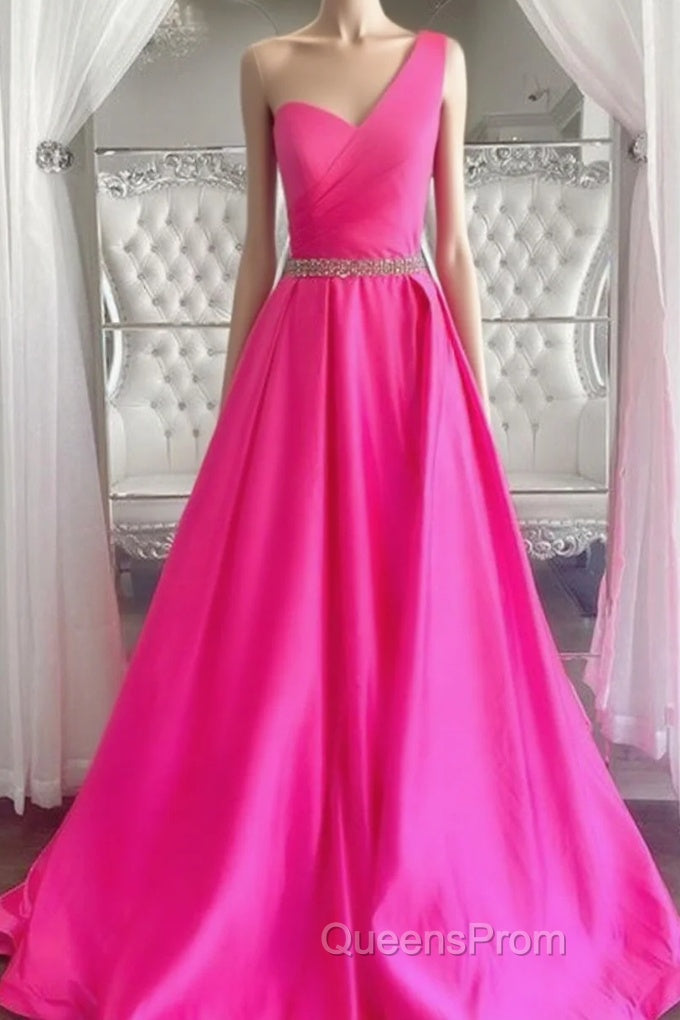 One Shoulder Hot Pink Evening Prom Dress, Hot Pink One Shoulder Formal Evening Dress Main image