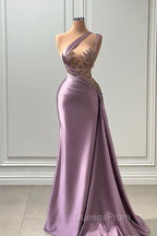 One shoulder Lavender A-line Satin Long Evening Prom Dress