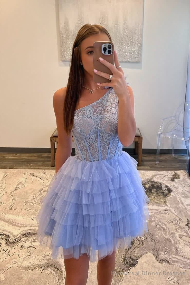 One-Shoulder Lavender Lace Ruffle Tiered Short Homecoming Dress Secondary image