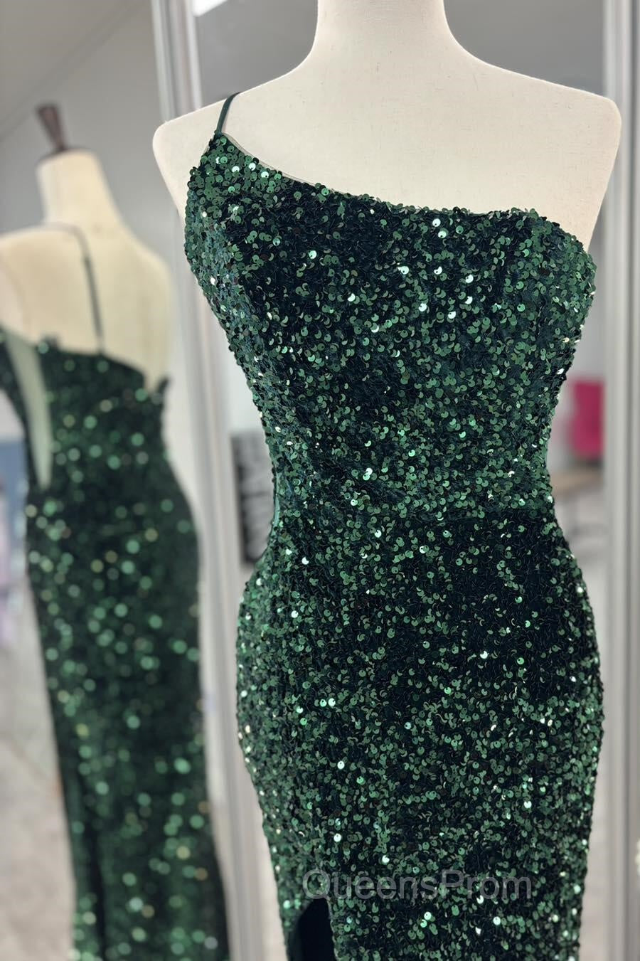 One Shoulder Long Emerald Green Evening Prom Dress Mermaid Sequin