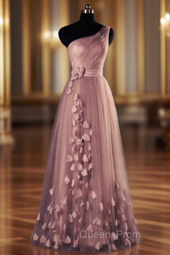 One-Shoulder Long/Floor-Length A-Line/Princess Tulle Evening Prom Dress With Flowers Waistband Main image