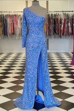One-Shoulder Long Sleeve Tiffany Blue Sequins Long Classy Dress